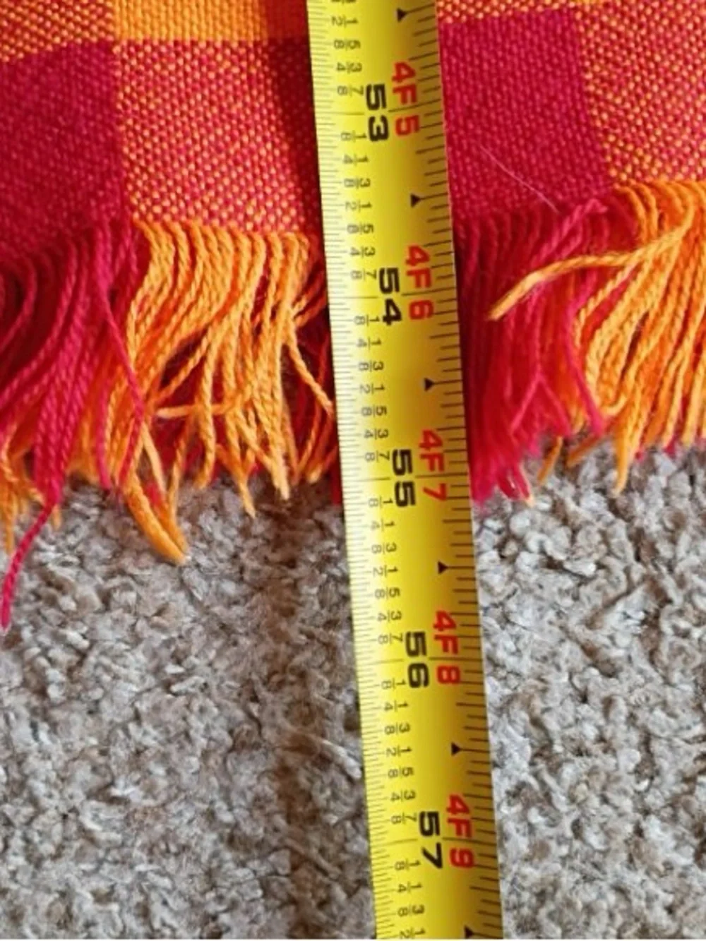 Vintage Red & Orange Checkered Fringed Fabric Tablecloth 92”x55”